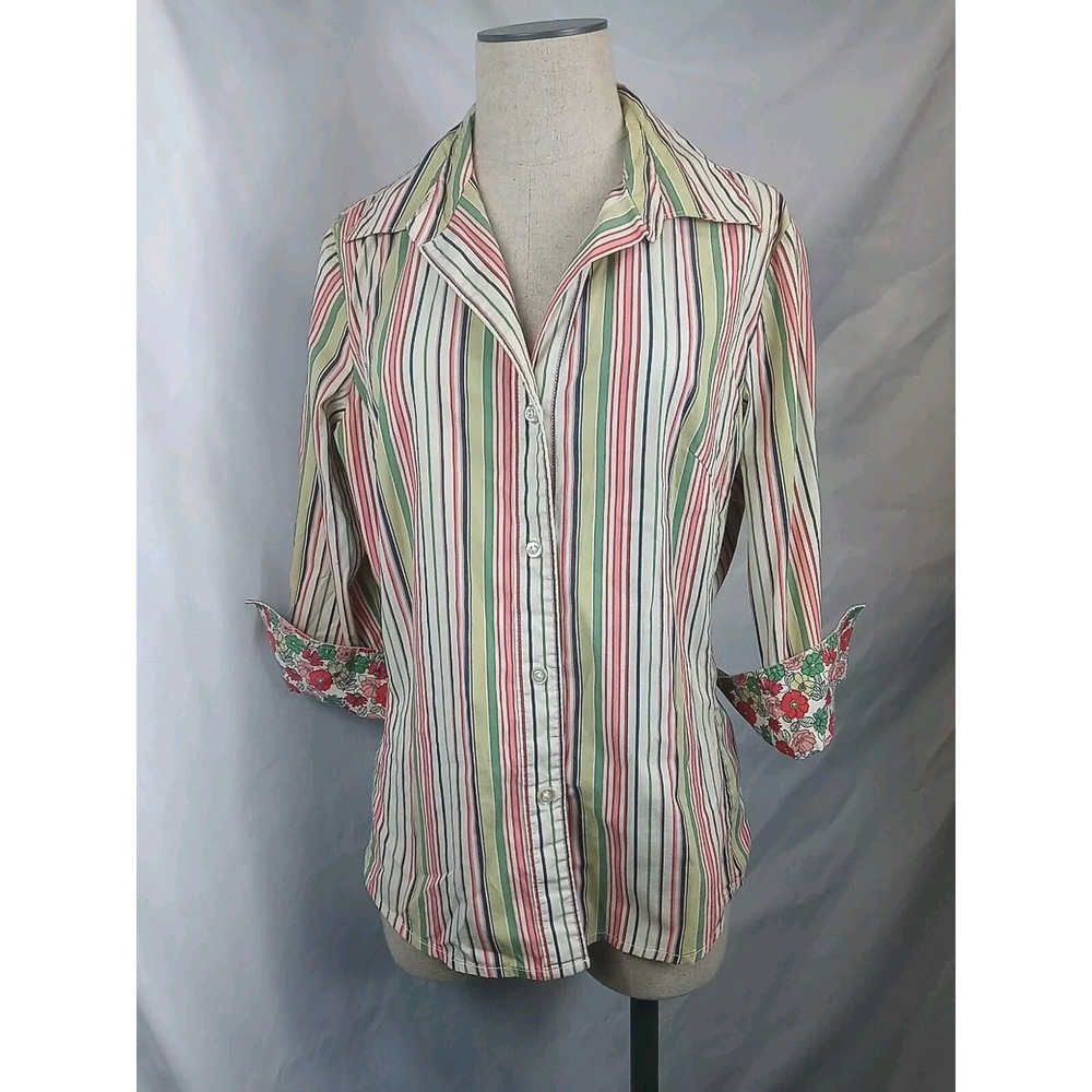 VTG George‎ Blouse Women's Size ( 12 / 14 ) Top Candy Stripe Floral Cuffs Shirt